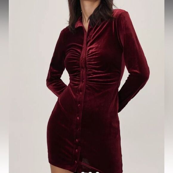 House Of Harlow 1960 Velvet Mini Burgundy Dress Ruched Shirt Size S - Picture 5 of 10